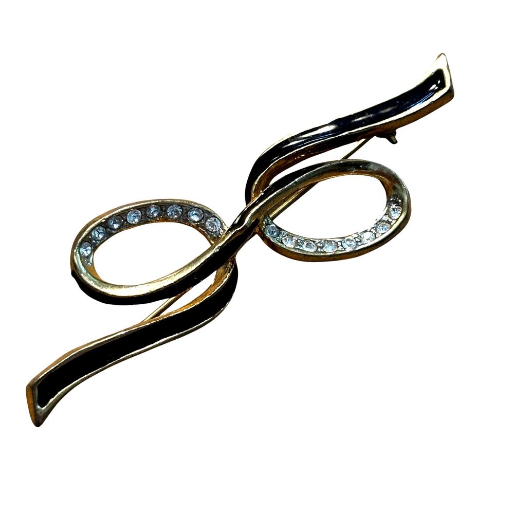 Vintage brooch ribbon knot design goldtone black enamel clear white rhinestones